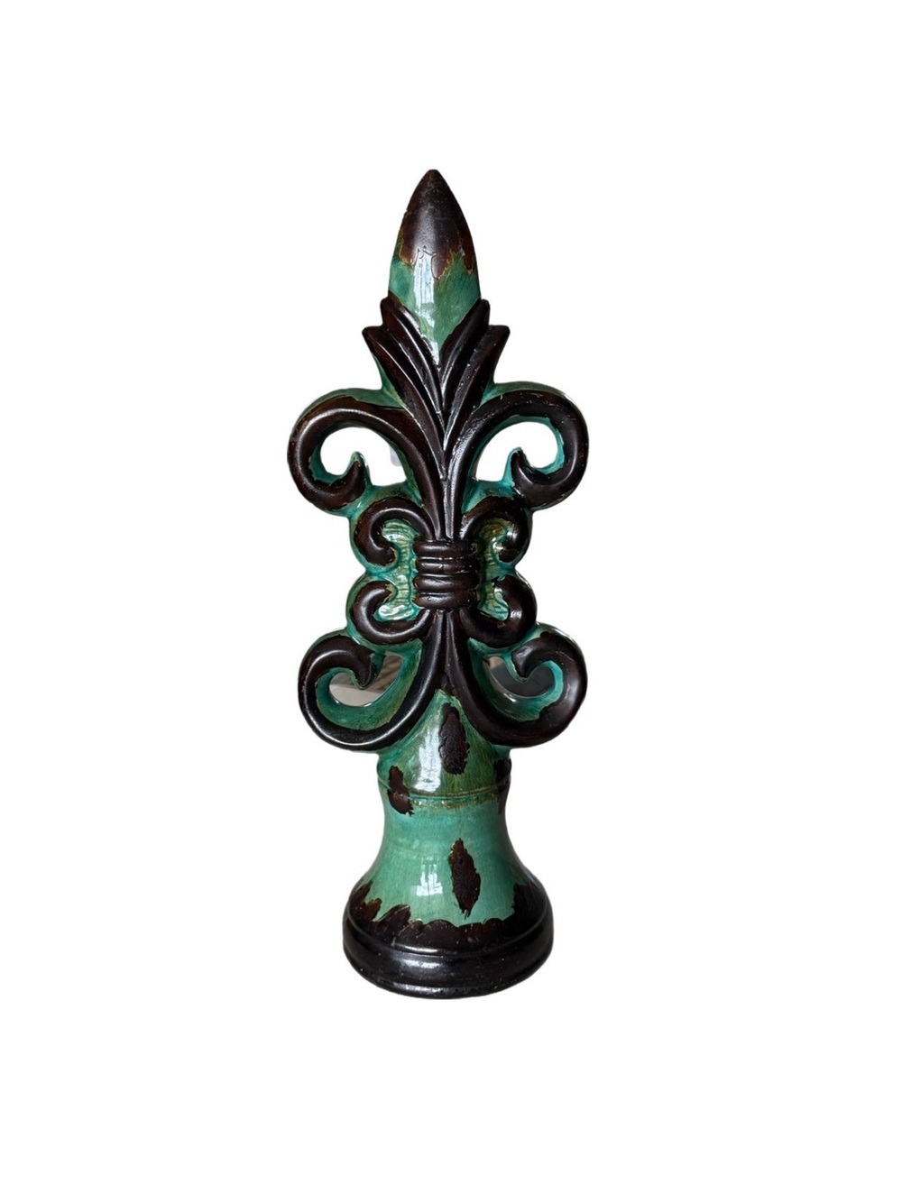 Decorative Ceramic Fleur-de-Lis Finial Accent - Green and Brown